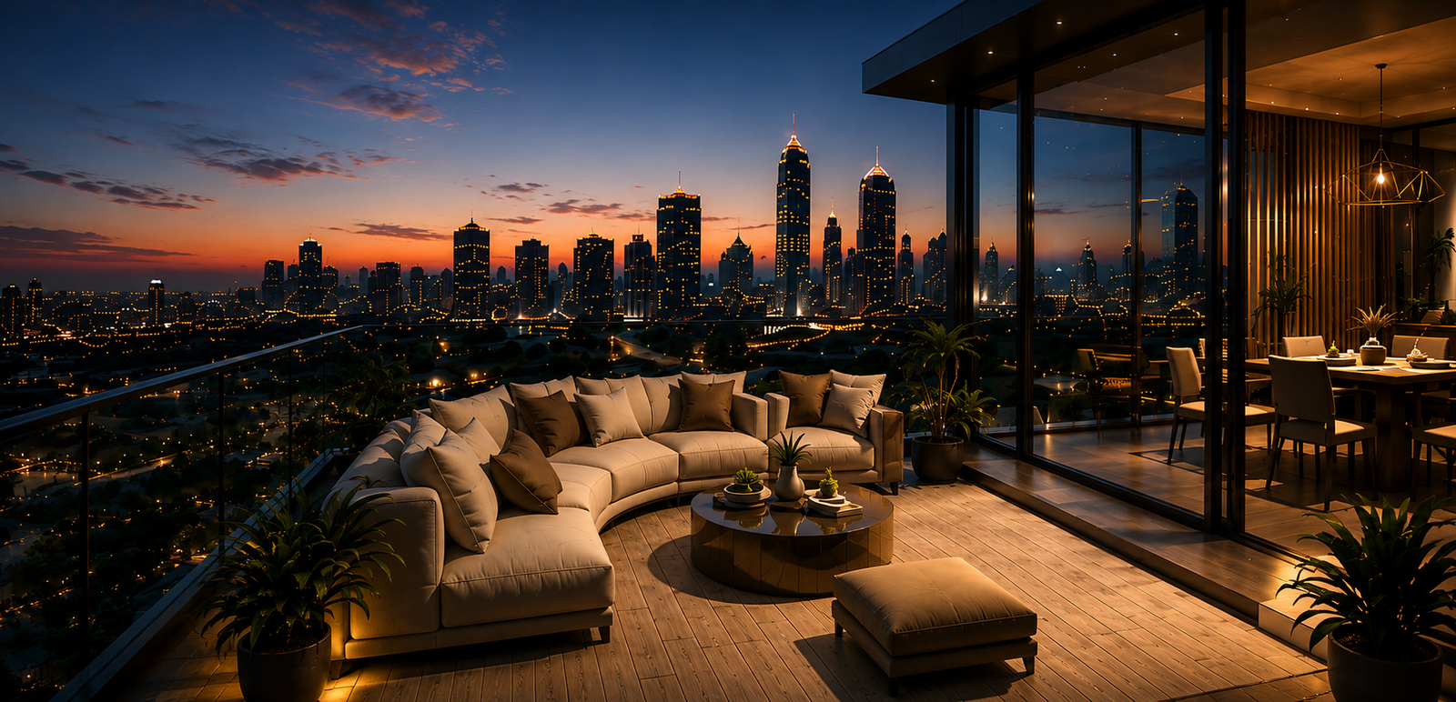 Luxury terrace overlooking the Bangalore skyline at dusk