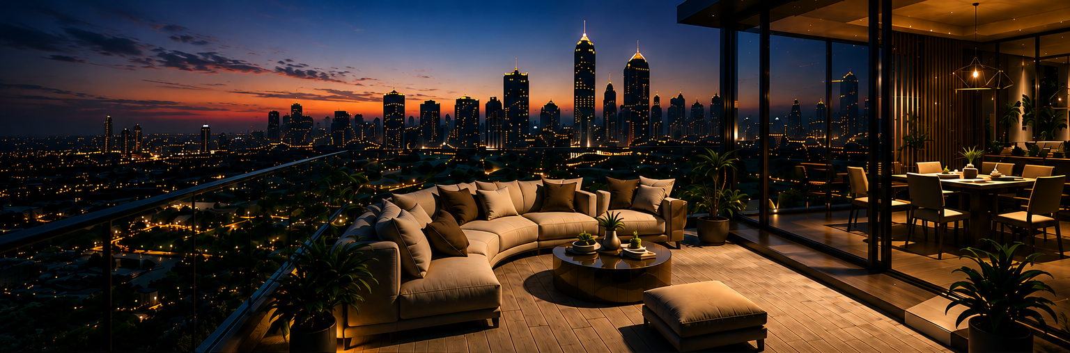 Luxury apartment terrace overlooking Bangalore at dusk